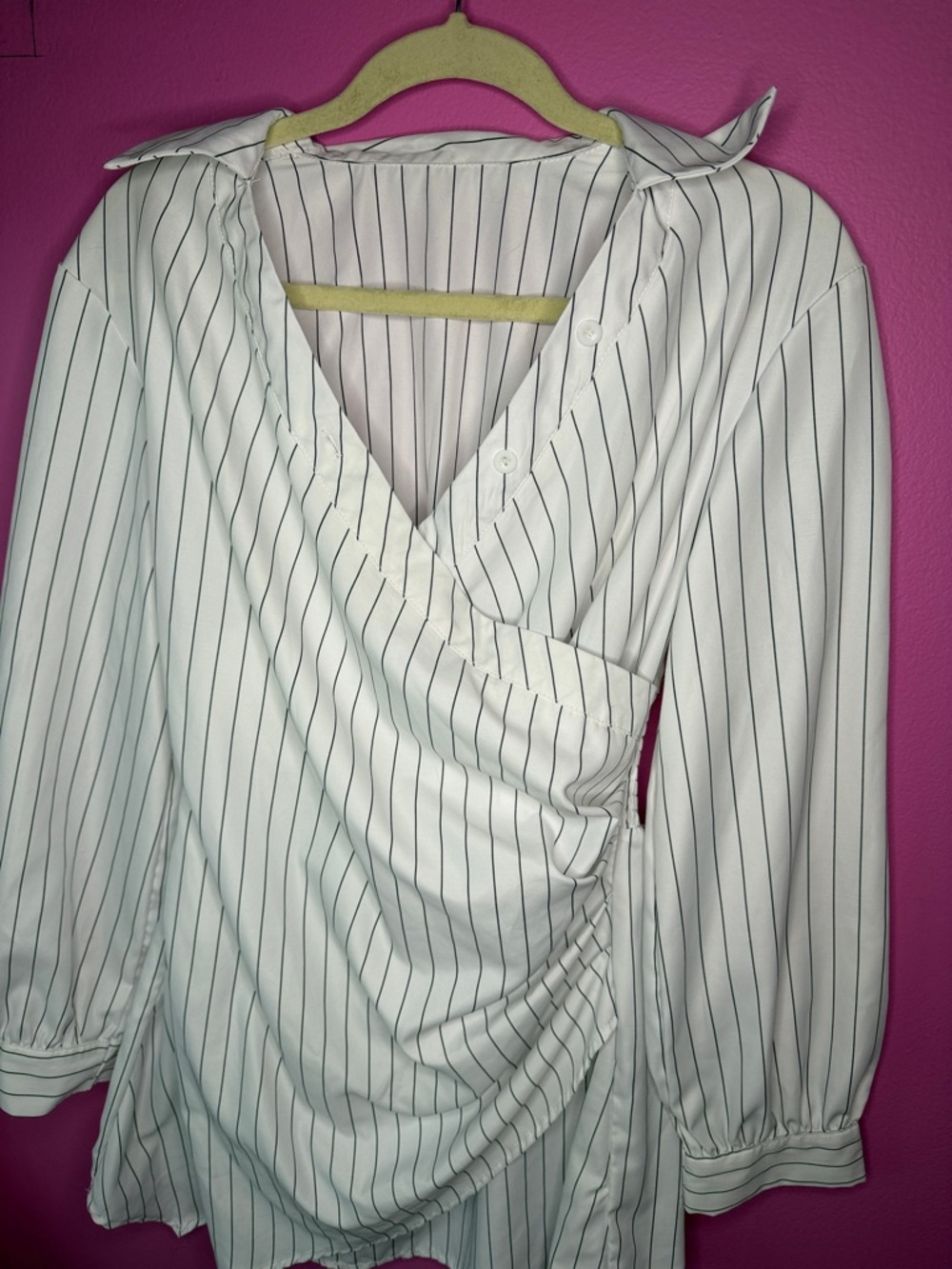 Striped Wrap Dress in White with Black Pinstripes